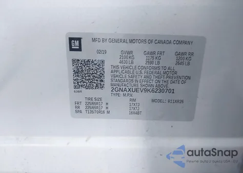 2019 Chevrolet Equinox Lt z USA, uszkodzony, nr VIN 2GNAXUEV9K6230701